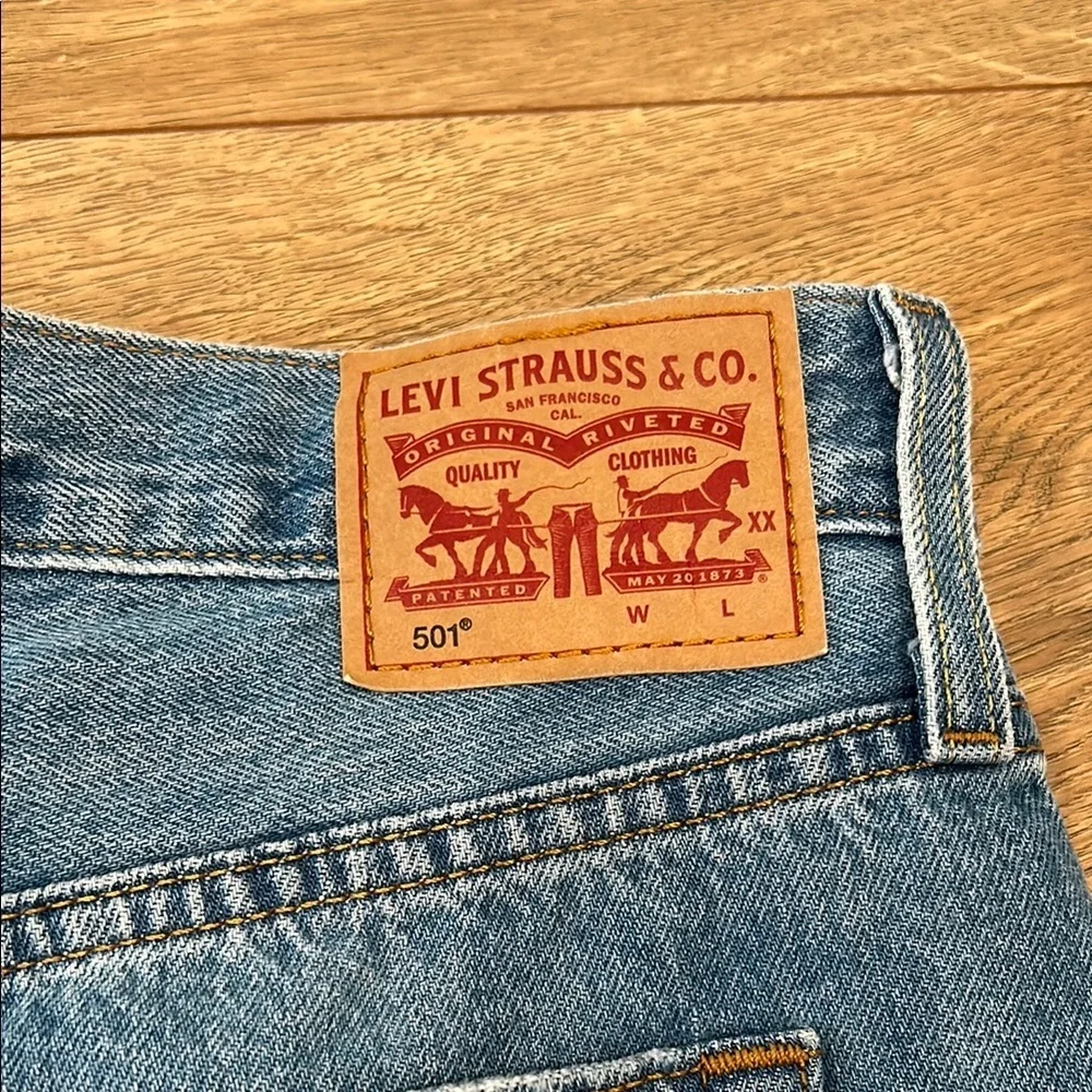Levi's Blue High-Waisted Jean Shorts with Distressed Details 501